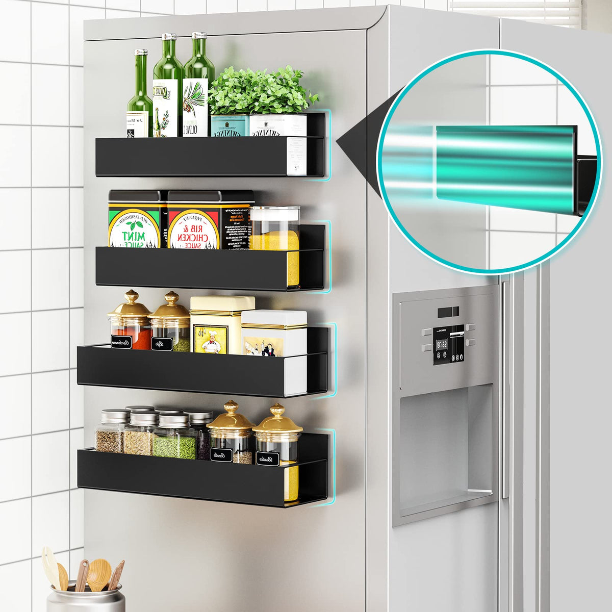 4 Pack Moveable Fridge Magnetic Spice Racks, Metal - Black