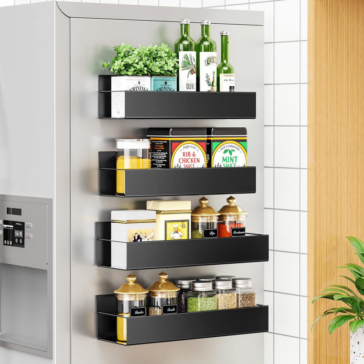 4 Pack Moveable Fridge Magnetic Spice Racks, Metal - Black