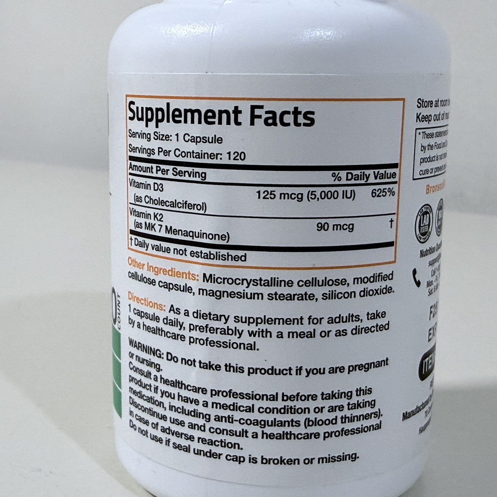 Bronson Vitamin K2 + D3 5000 IU, MK-7, 120 Capsules, Exp 12/2027