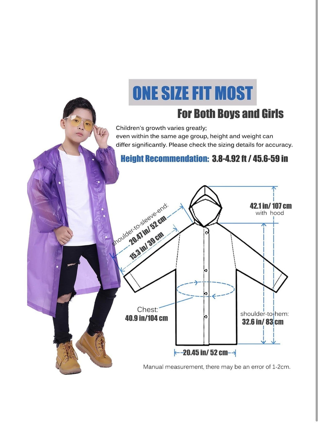 Kids EVA Raincoat with Hood, 2 Pack, Blue and Purple, One Size
