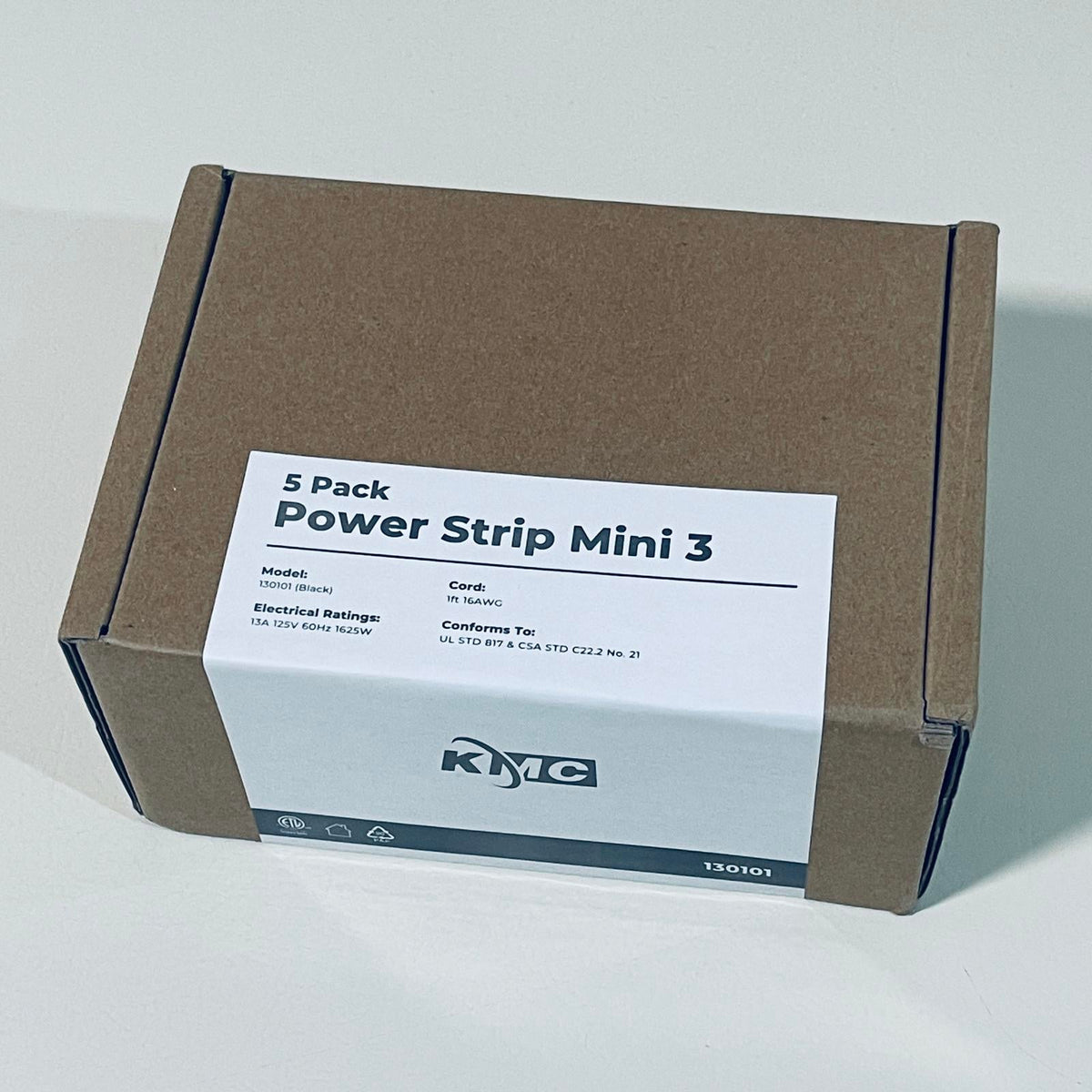 KMC Power Strip Mini 3, 1 ft Cord, 13A, Black, Model 130101, 5 Pack