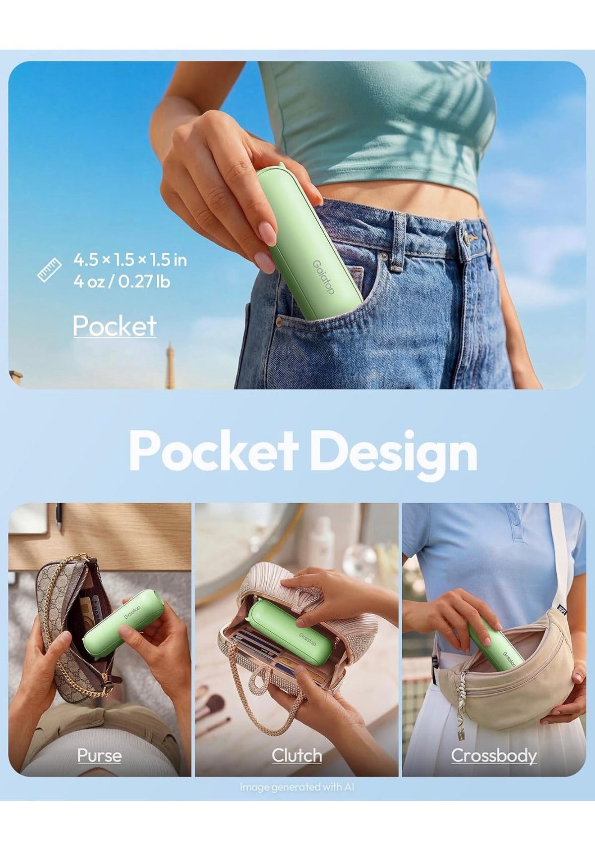 Mini Portable Folding Fan, 1800 mAh Rechargeable, Green