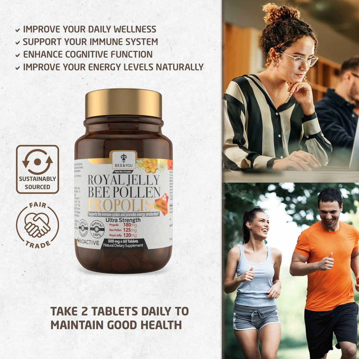Bee and You Royal Jelly Tablets, Propolis & Bee Pollen, 60ct EXP 12/26