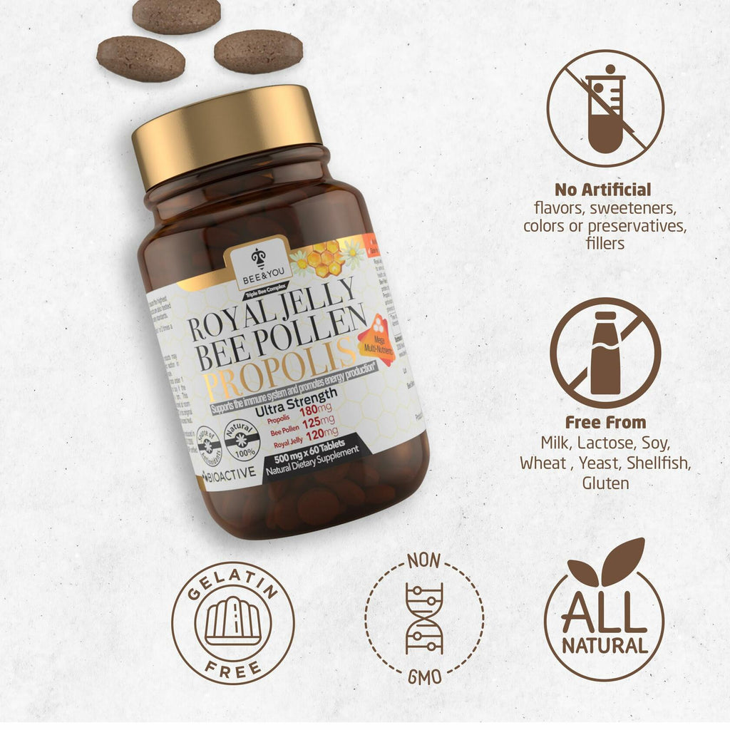 Bee and You Royal Jelly Tablets, Propolis & Bee Pollen, 60ct EXP 12/26