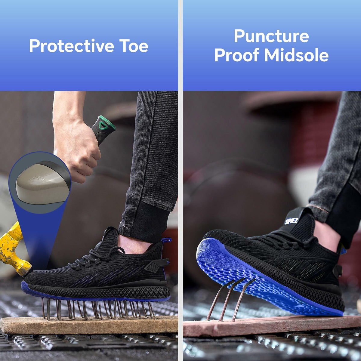Composite Toe Safety Shoes, Puncture Proof, Men's 8 / Women's 9